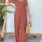 2024 New Square Neckline Jumpsuit with Smocked Bodice Button