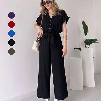 Women's V-Neck Short Sleeve Casual Jumpsuit