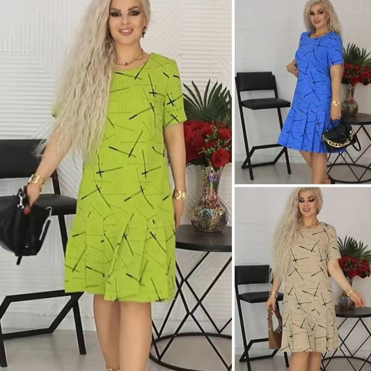 💞Women’s Trendy Print Loose Fit Short Sleeve Pleated Dress