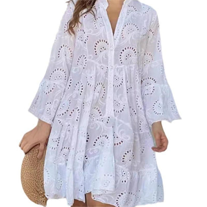 💥Limit Time 50% OFF 🌷Solid Color V-Neck Loose Hollow Out Dress