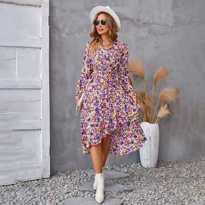 V-Neck Floral Irregular Hem Waist Cinching Dress