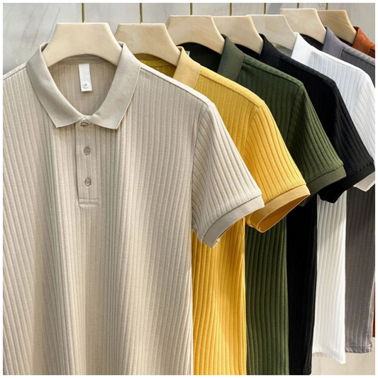 Men's Vertical Striped Knit Short-Sleeved T-Shirt with Lapel