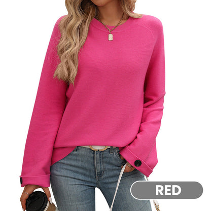 Women's Round Neck Long-Sleeve Sweater with Button Detail