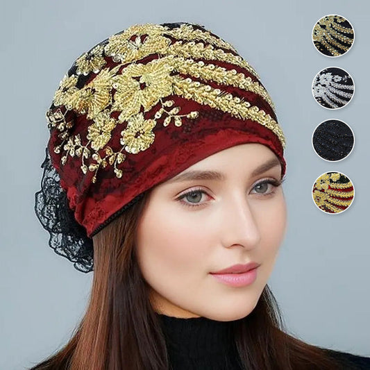 Elegant Sequin Flower Decor Lace Headscarf Wrap Cap