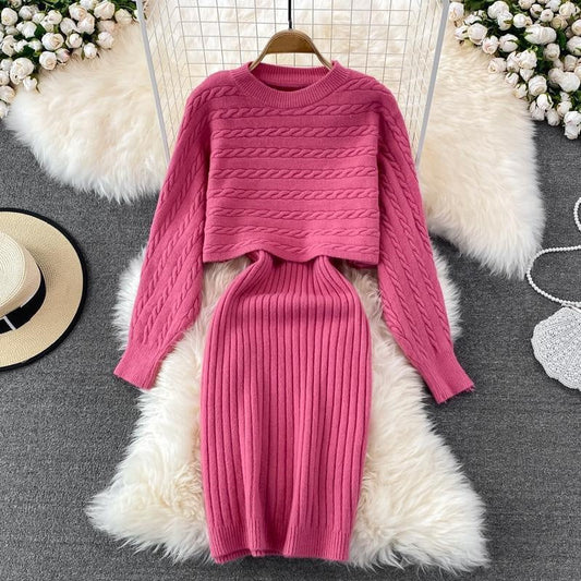 Women’s Two Piece Sweater Set Crop Top & Bodycon Dress