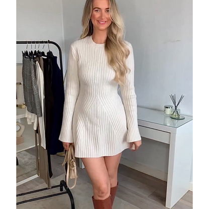 Solid Color Round Neck Knit Long Sleeve Mini Dress