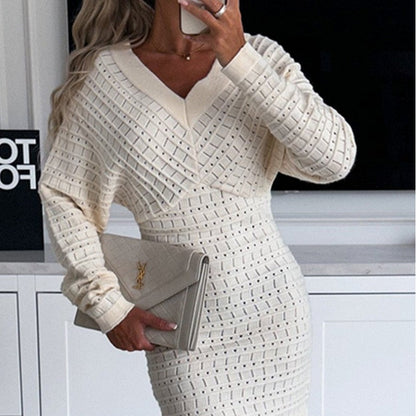 Women's V-Neck Long Sleeves Knitted Dress