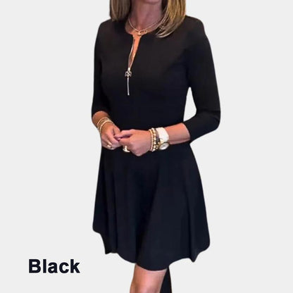 Women’s Elegant Half-zip Round Neck Dress in Solid Color