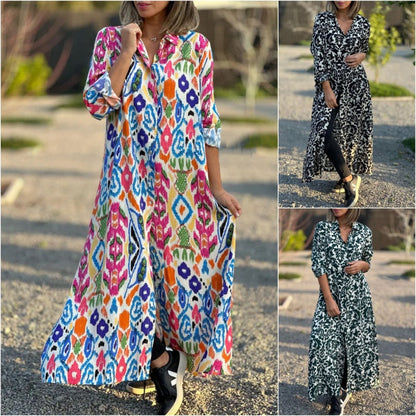 Women’s Lapel Long Sleeve Floral Dress