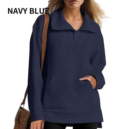 Women’s Casual Half-zip Lapel Pullover Tops with High-low Hem