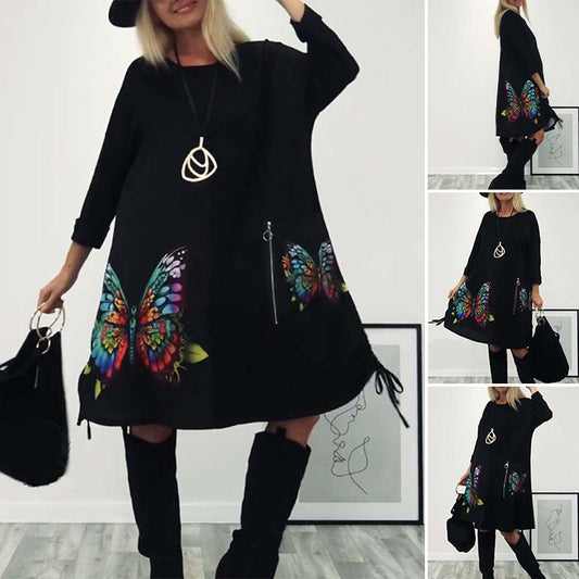 🎁Women's Loose Butterfly Print Round Neck Dress