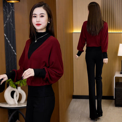 Women's Half-High Neck Patchwork Long Sleeve Top