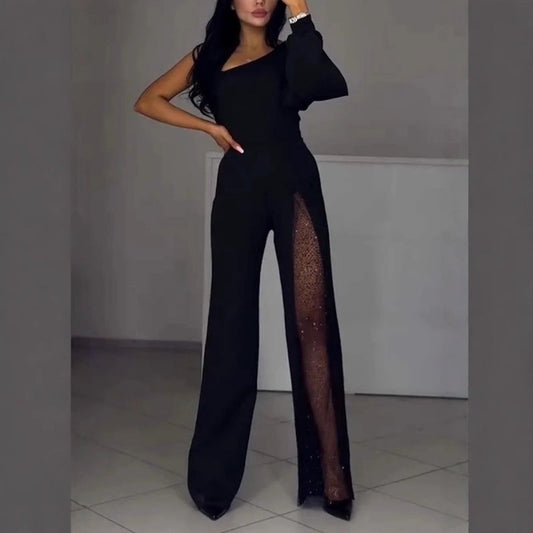 🎅Christmas Hot Sales -60% OFF💕Women's One Shoulder Sparkly Mesh Flared Jumpsuits