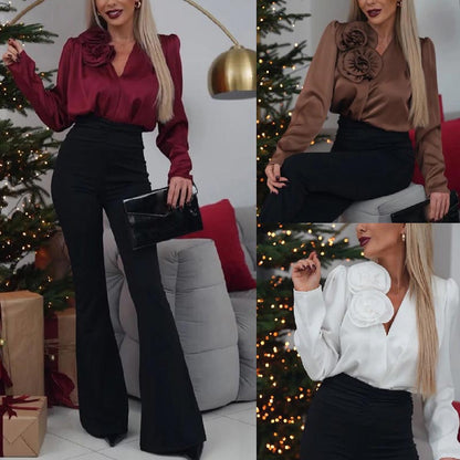 🎉New Year Flash Sale - 50% OFF🎉Women's Luxurious Satin V-neck Blouse with Rose Detail