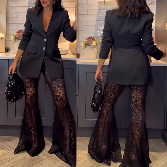 💖Stylish Blazer & See Through Flared Pants 2 PCS Set