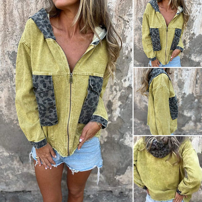 🌸Spring Specials🌸 Women's Hooded Zip-Up Denim Jacket with Leopard Print